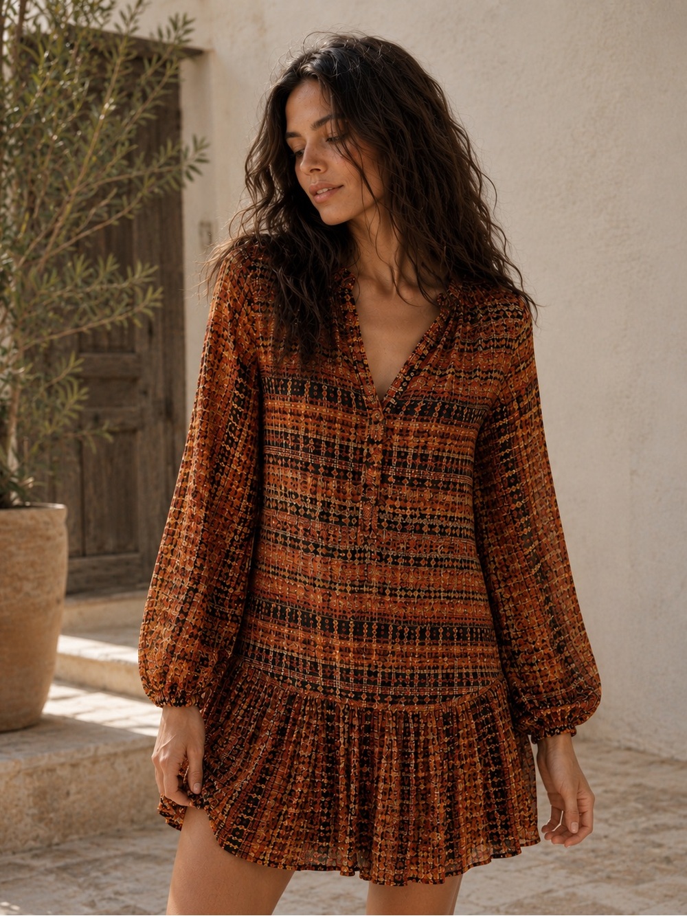 Anthropologie Elyn Boho Drop Waist Tiered Mini Dress XS Rust Geometric Resort‎